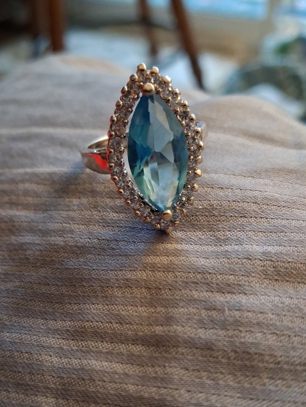 Blue Marquise Halo Ring with Clear Accent Stones - Women Jewelry